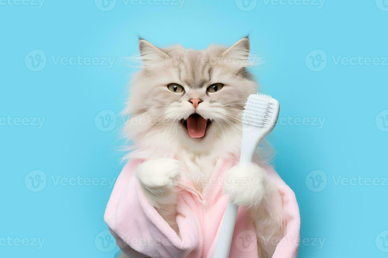 AI generated Pet care concept. Cat in bathrobe with toothbrush in hand. AI generated photo