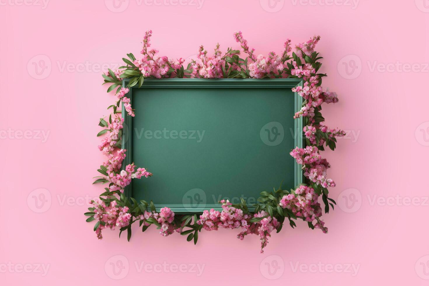 AI generated Green frame on wall is decorated with spring flowers. Creative springtime concept. AI generated photo