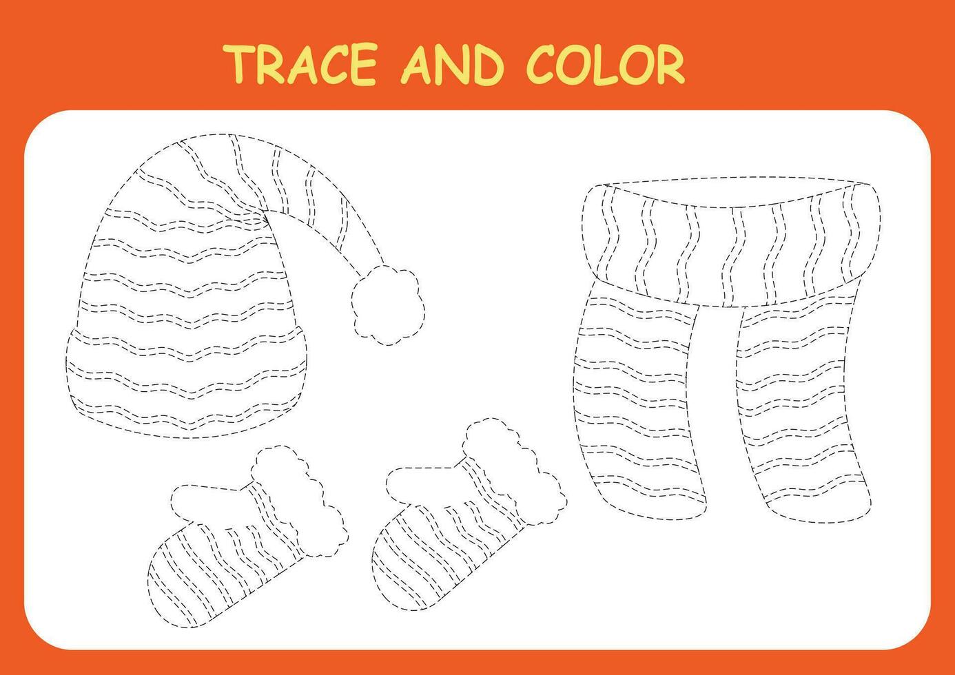 Trace and color the clothes, hat, scarf and mittens. Coloring book for preschool children. Handwriting practice. vector