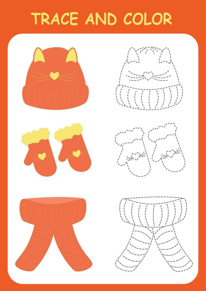 Trace and color the clothes, hat, scarf and mittens. Coloring book for preschool children. Handwriting practice. vector