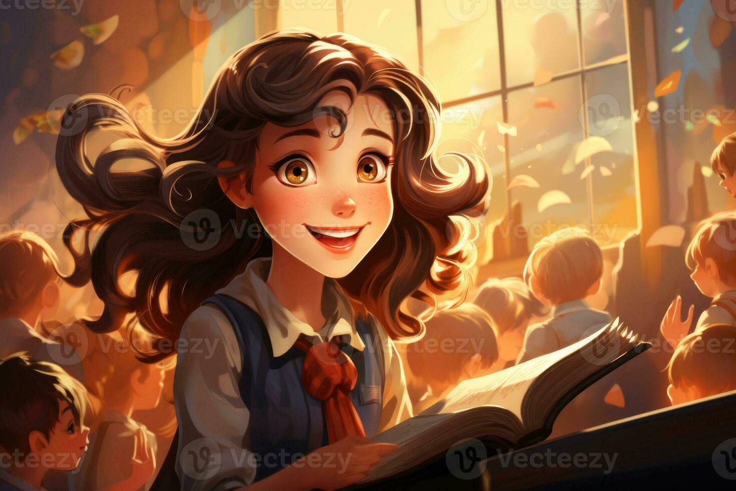 AI generated Scholastic Joy Realism in a Classroom Image of a Curly Haired Schoolgirl Generative AI photo