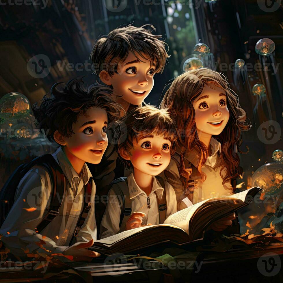 AI generated Educational Enchantment Realistic Image Showcasing Children Fascination with Books Generative AI photo