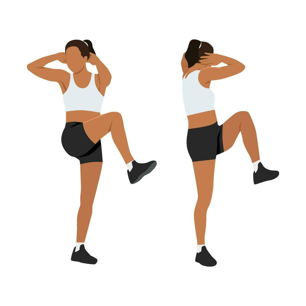 Woman doing standing elbow to knee exercise. vector