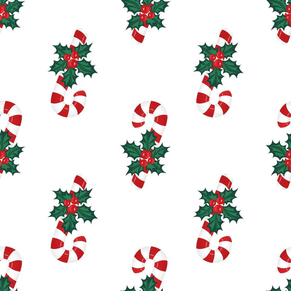 Christmas seamless pattern with candy cane and holly berries on a white background. Vector illustration.