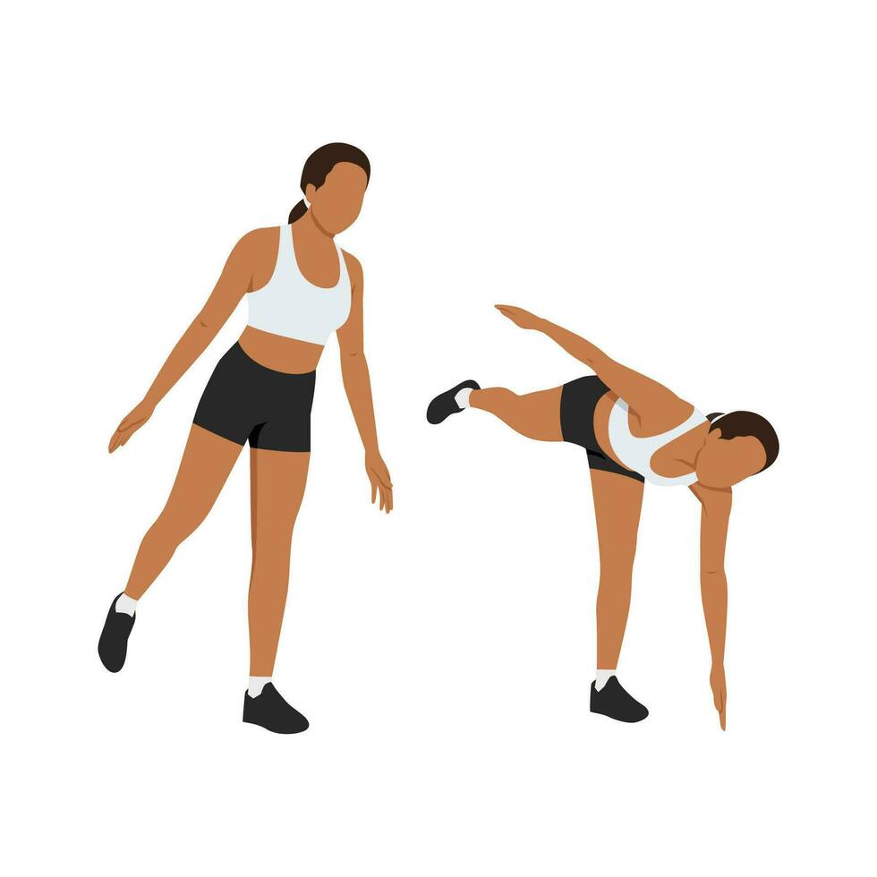 Woman doing exercise with body toe touches. Pivoting , hamstrings and erector spinae. vector