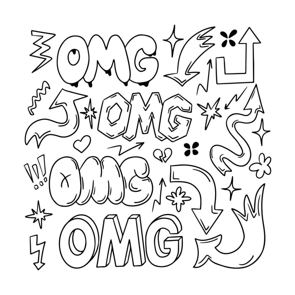 Contour sketch set with word OMG and arrows in retro 90s style. Clipart of hand drawn words, arrows. Black outline doodle signs and words in bubble, street style graffiti. Ideal for social media vector