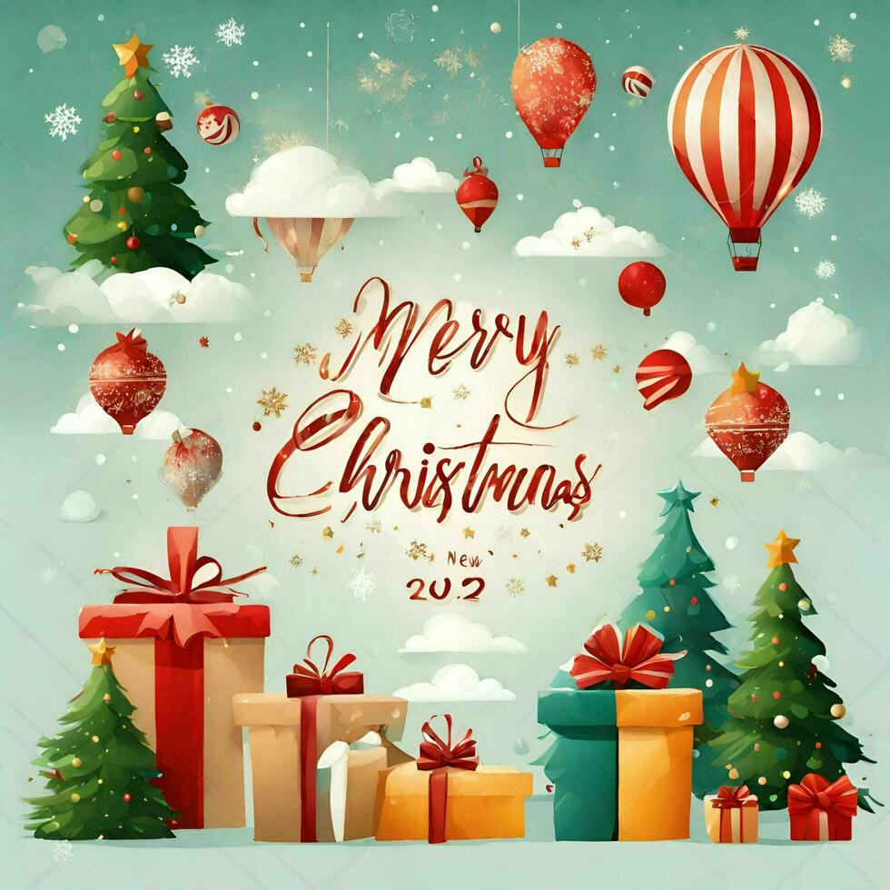 AI generated Christmas greeting background equipped with Christmas trees, gifts, etc photo