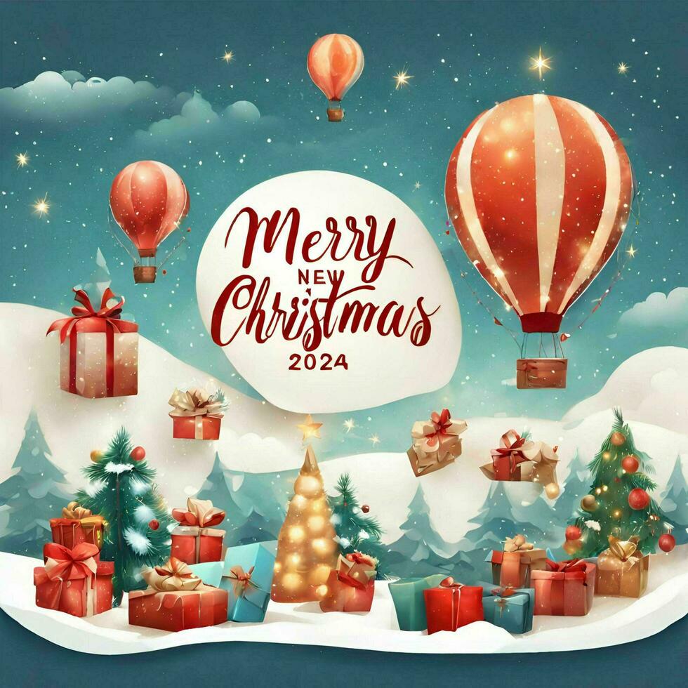 AI generated Christmas greeting background equipped with Christmas trees, gifts, etc photo