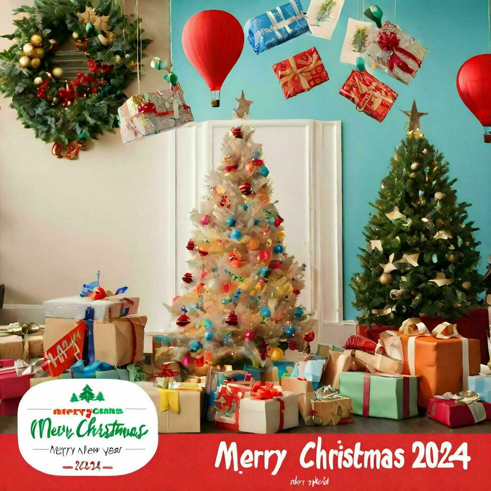 AI generated Christmas greeting background equipped with Christmas trees, gifts, etc photo