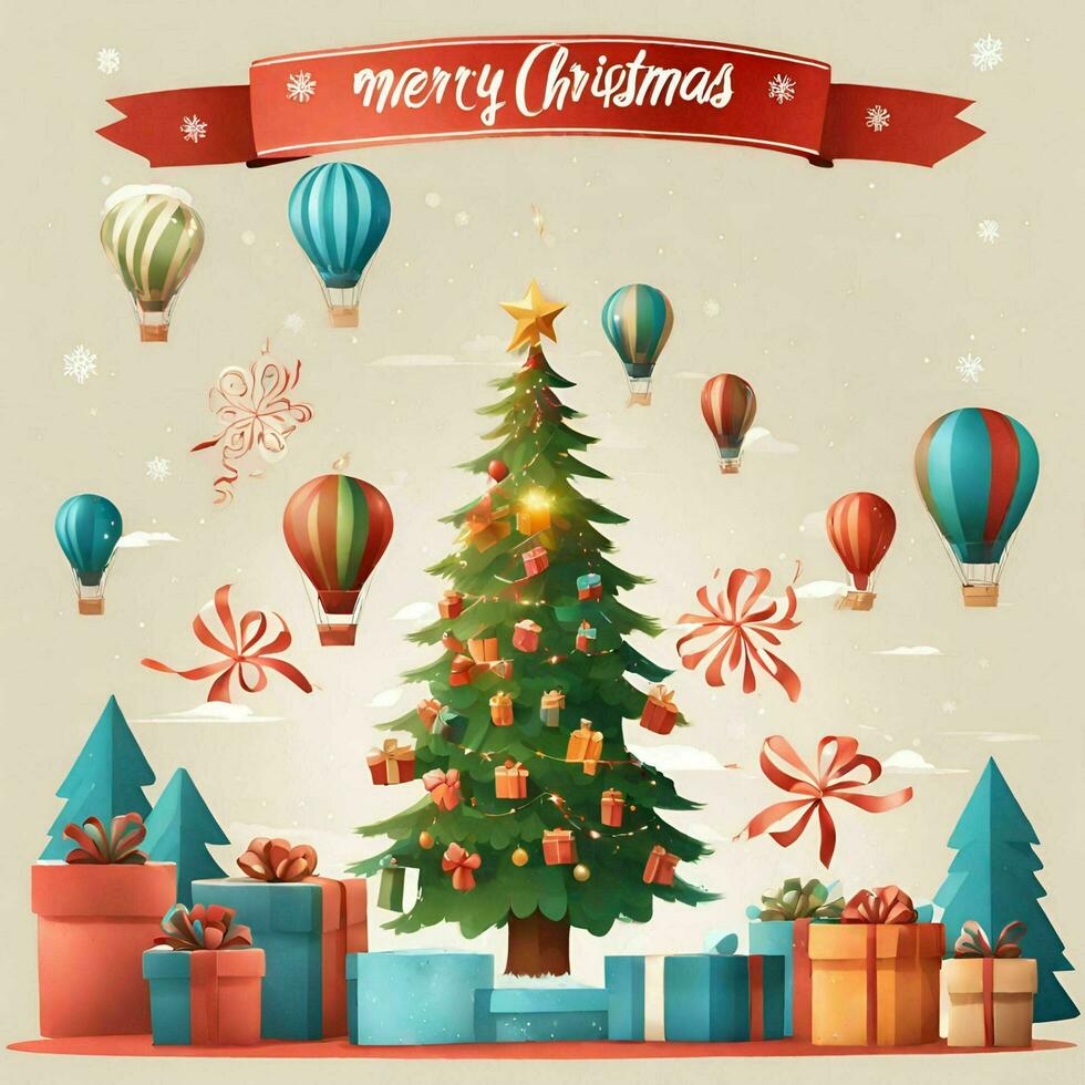 AI generated Christmas greeting background equipped with Christmas trees, gifts, etc photo