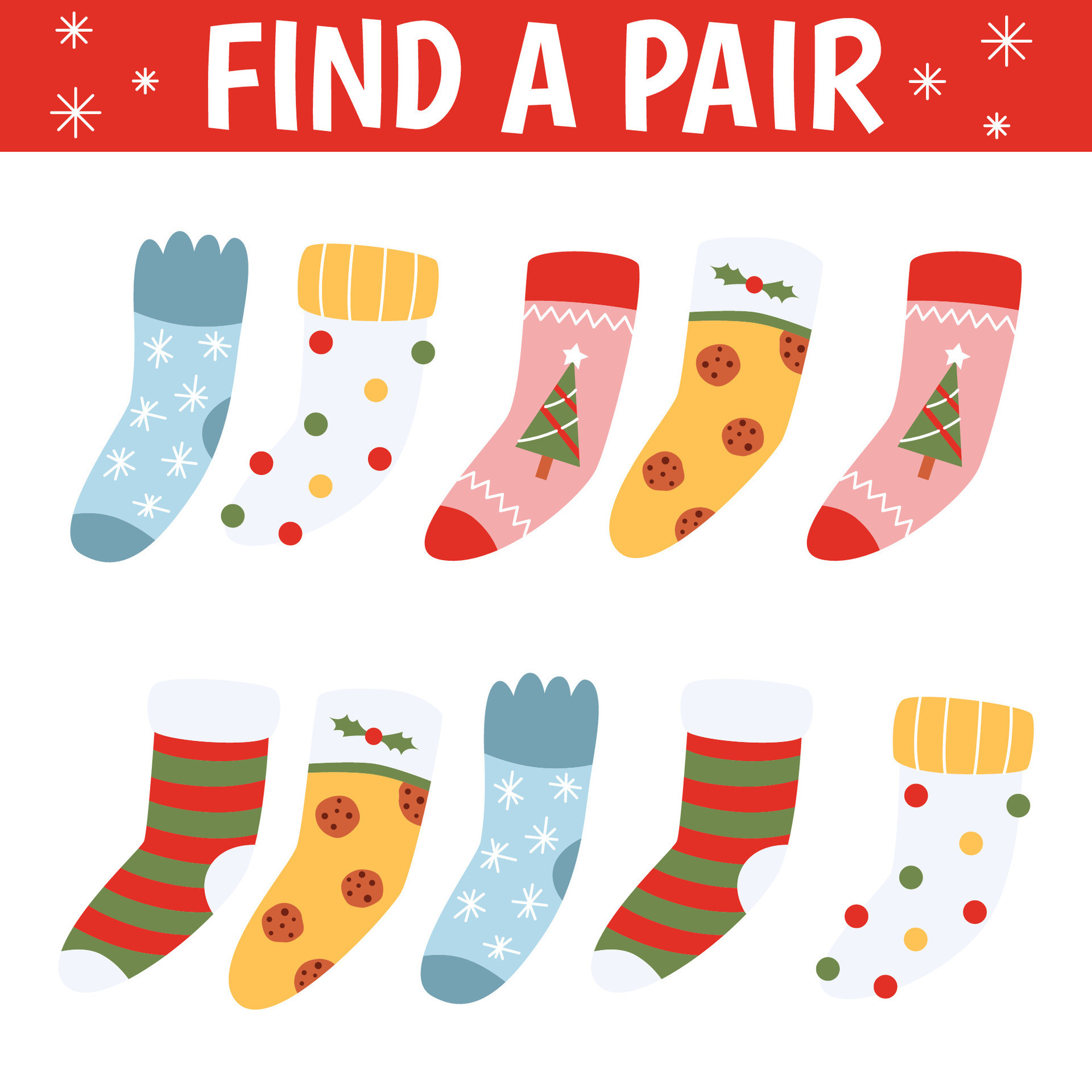 Find matched socks, match sock pair children preschool game. Holiday