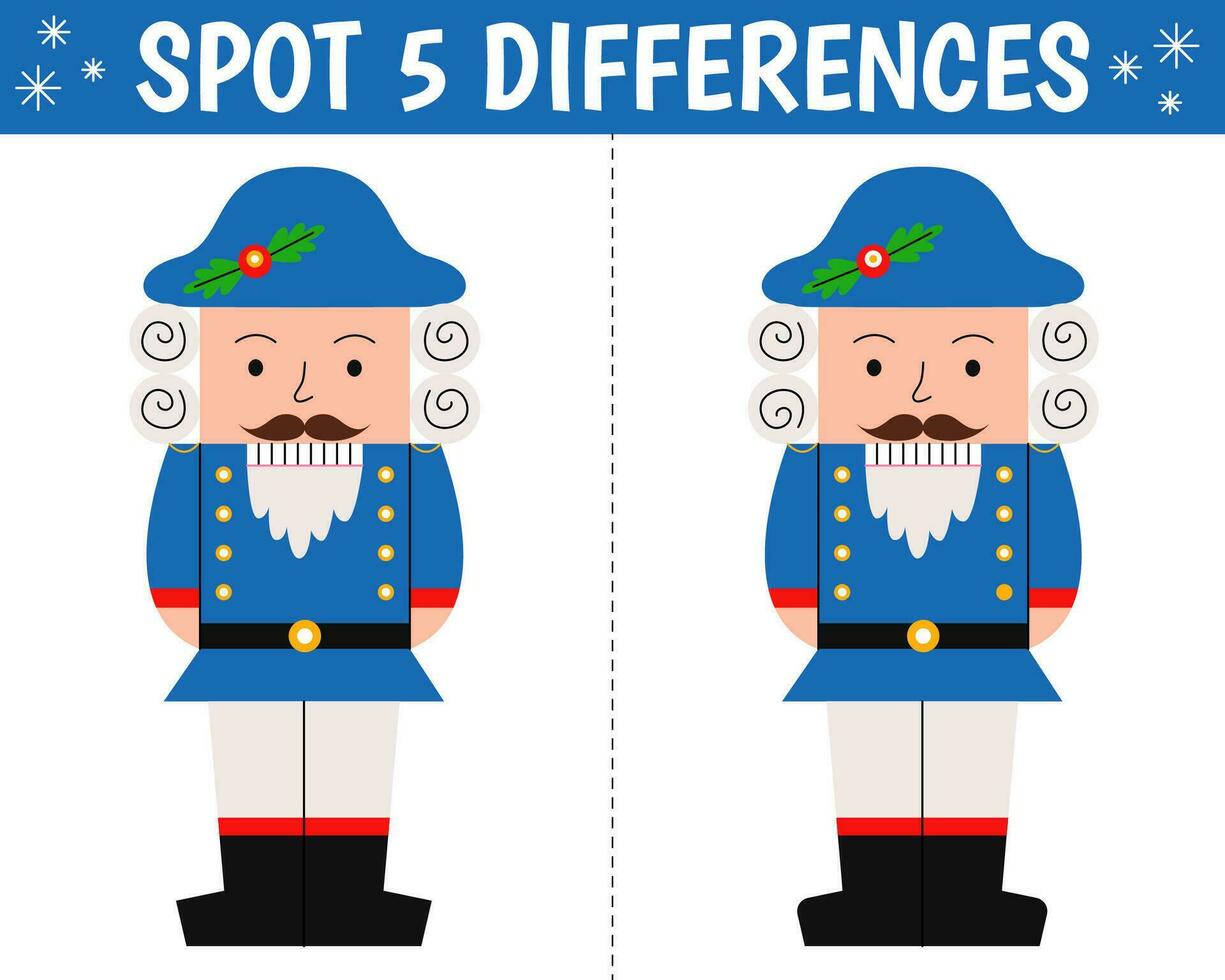 Cute nutcracker in cartoon style. Find 5 differences. Educational matching christmas game for children. Printable worksheet with solution for school and preschool. Cartoon vector illustration