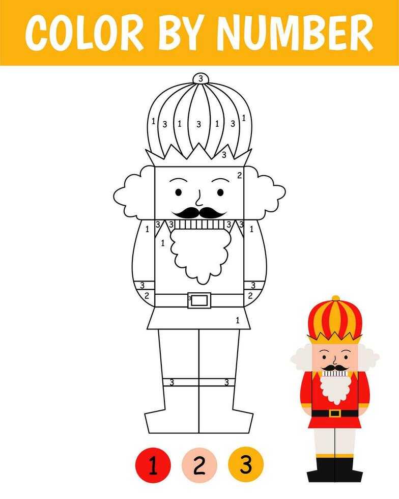 Color by number game for kids. Cute nutcracker in cartoon style. Christmas coloring page. Printable worksheet with solution for school and preschool. Learning numbers activity. vector