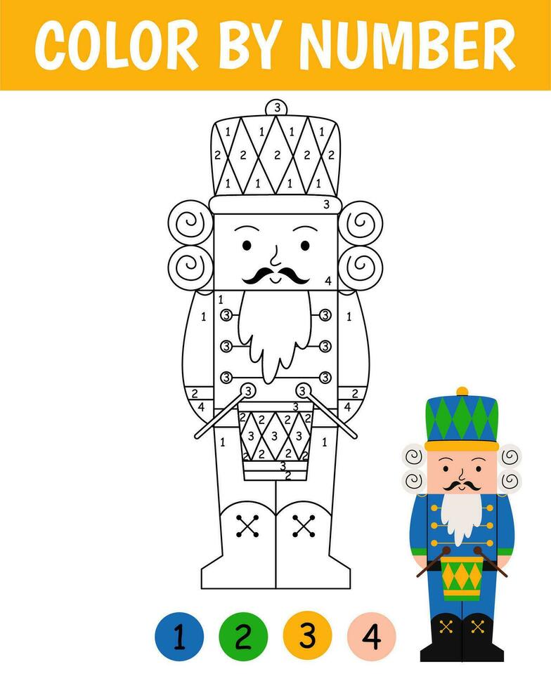 Color by number game for kids. Cute nutcracker in cartoon style. Christmas coloring page. Printable worksheet with solution for school and preschool. Learning numbers activity. vector