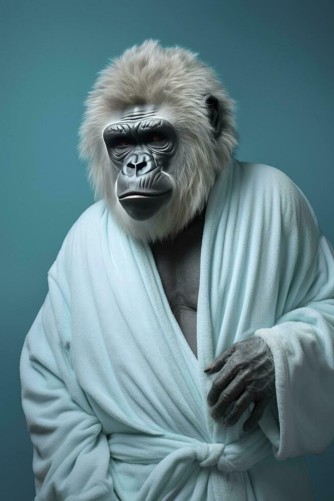 AI generated Portrait of a gorilla dressed in a bathrobe on pastel background photo