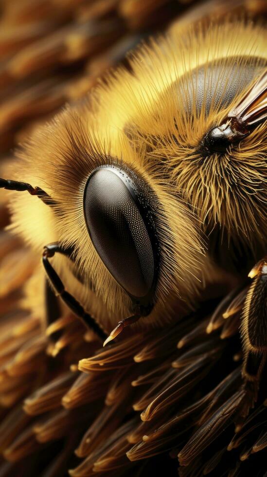 AI generated Yellow honey bee pollinating flower in extreme close up photo