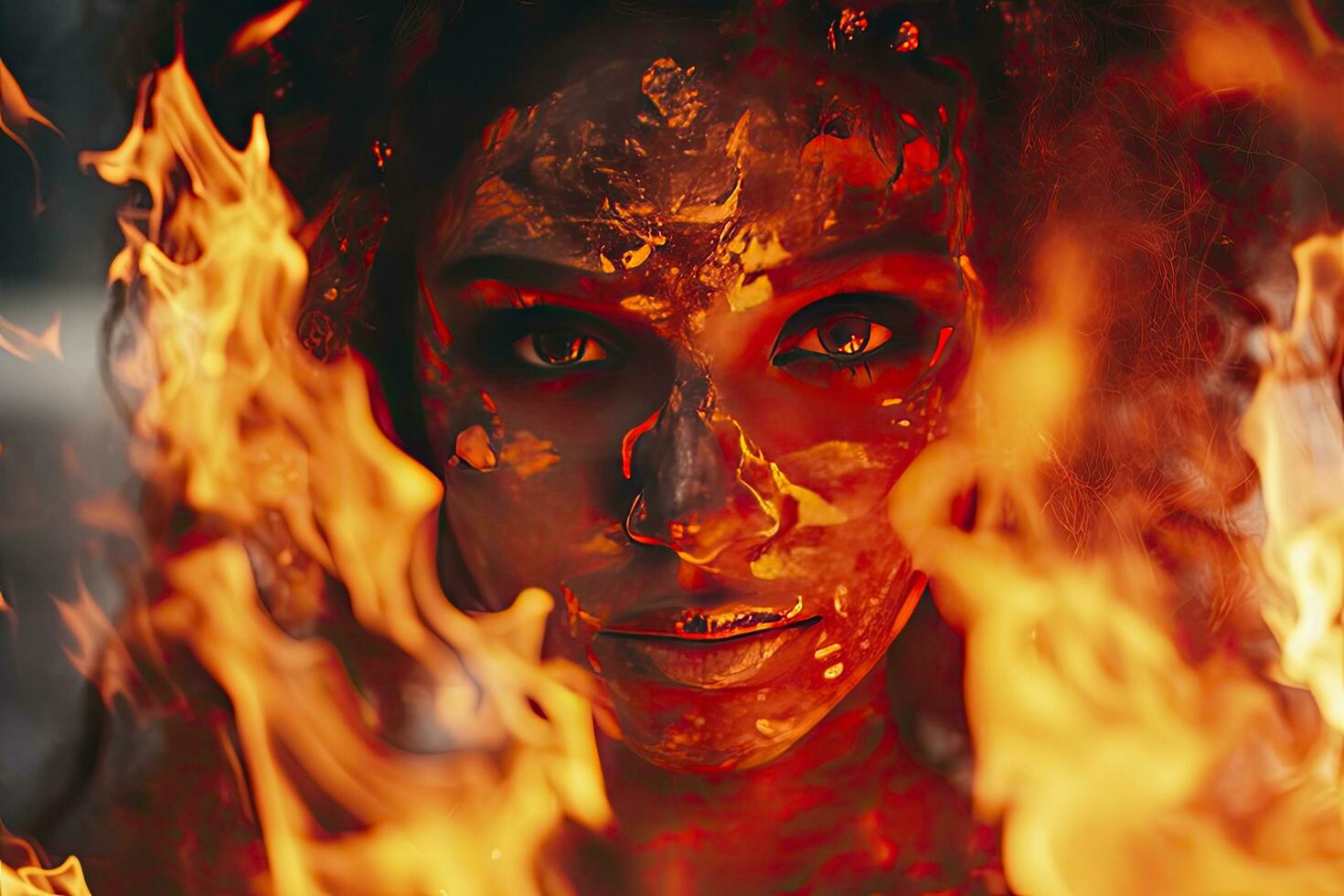 AI generated A woman with a fire on her face is shown with a face in the foreground photo