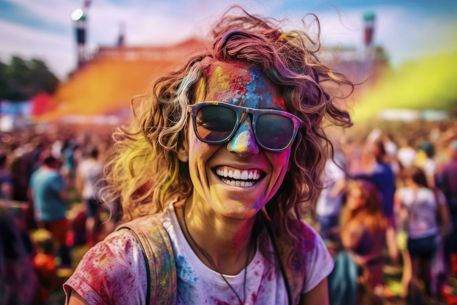 AI generated Portrait of smiling young woman wearing sunglasses covered with holi color photo