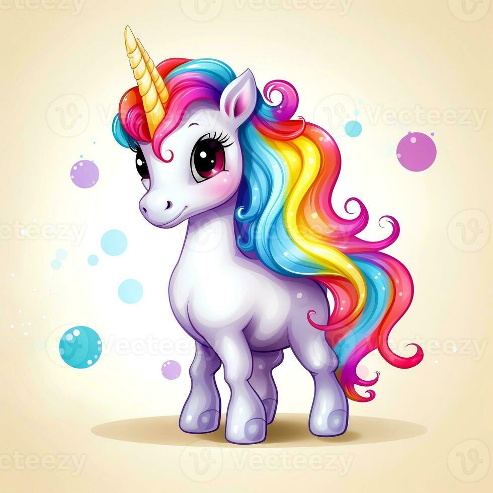 AI generated Cute rainbow unicorn. Sticker Clipart. AI generated. photo