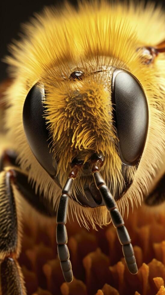 ai generado amarillo miel abeja polinizando flor en extremo cerca arriba foto