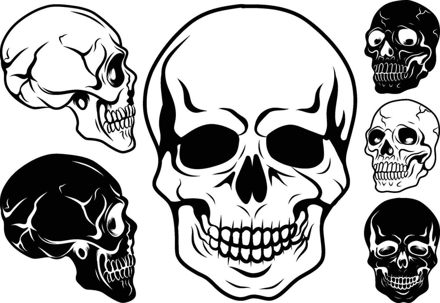 un conjunto de negro y blanco calaveras ilustración arte, cráneo silueta arte, negro silueta de un humano cráneo, vector ilustración aislado en un blanco antecedentes