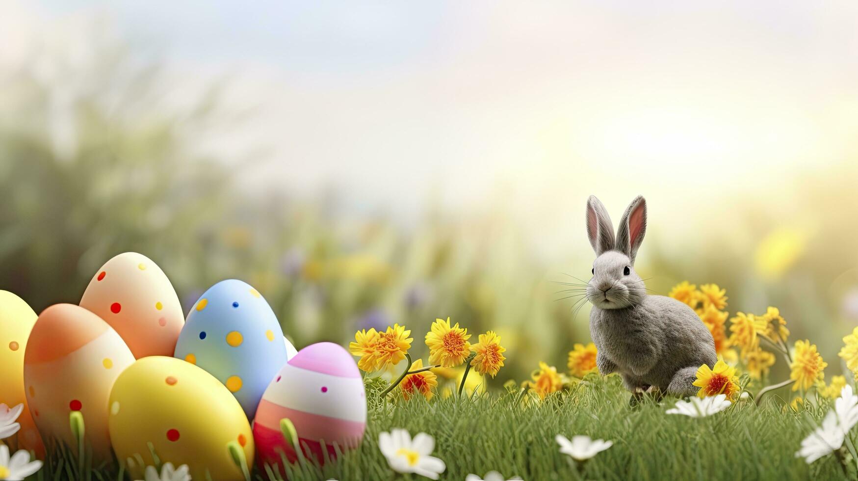 AI generated Ears Bunny and decorated eggs on meadow with flowers photo