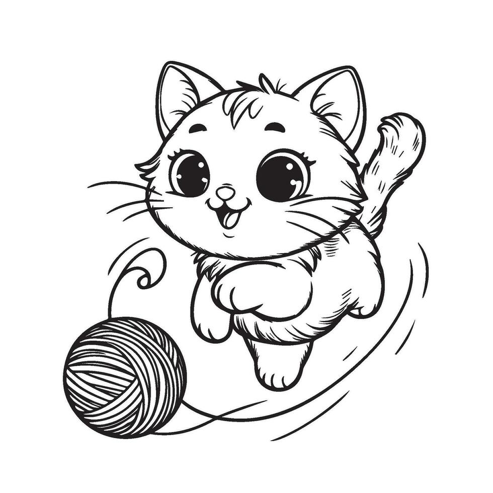 playful cat chasing a yarn ball with a mischievous expression for the coloring book page vector