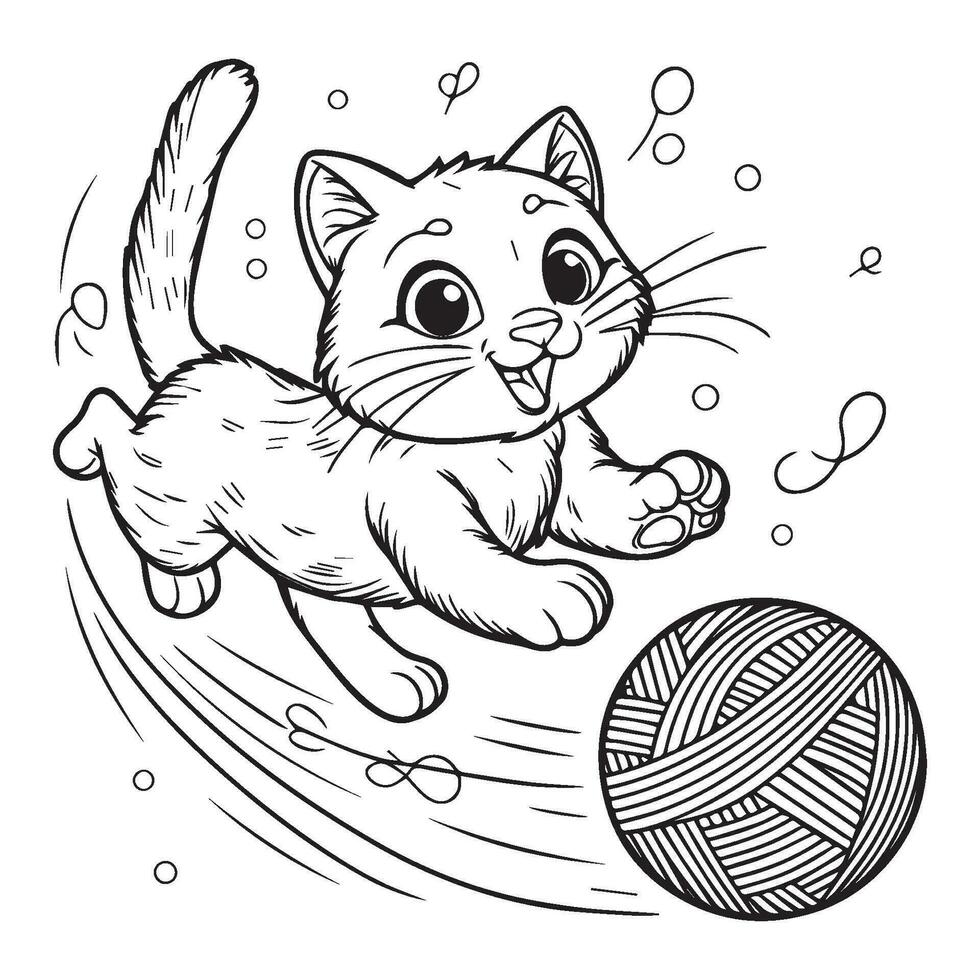 juguetón gato persiguiendo un hilo pelota con un dañoso expresión para el colorante libro página vector