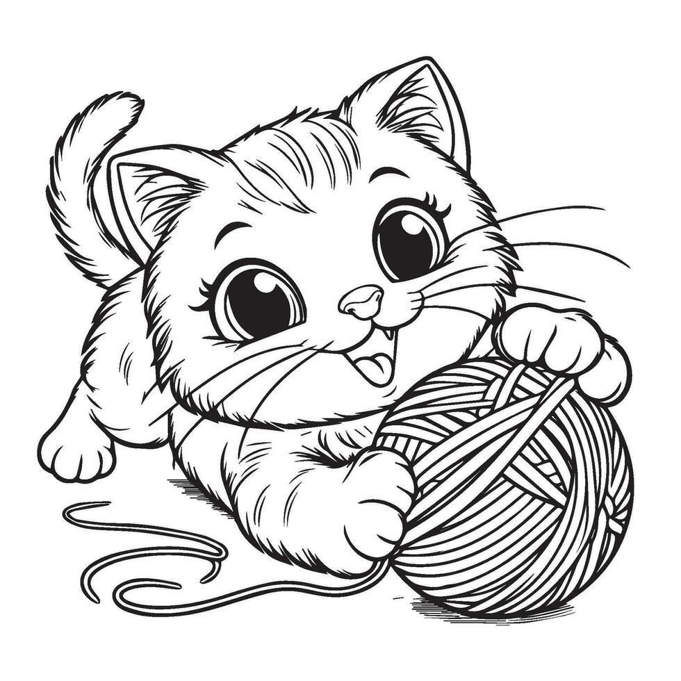 juguetón gato persiguiendo un hilo pelota con un dañoso expresión para el colorante libro página vector