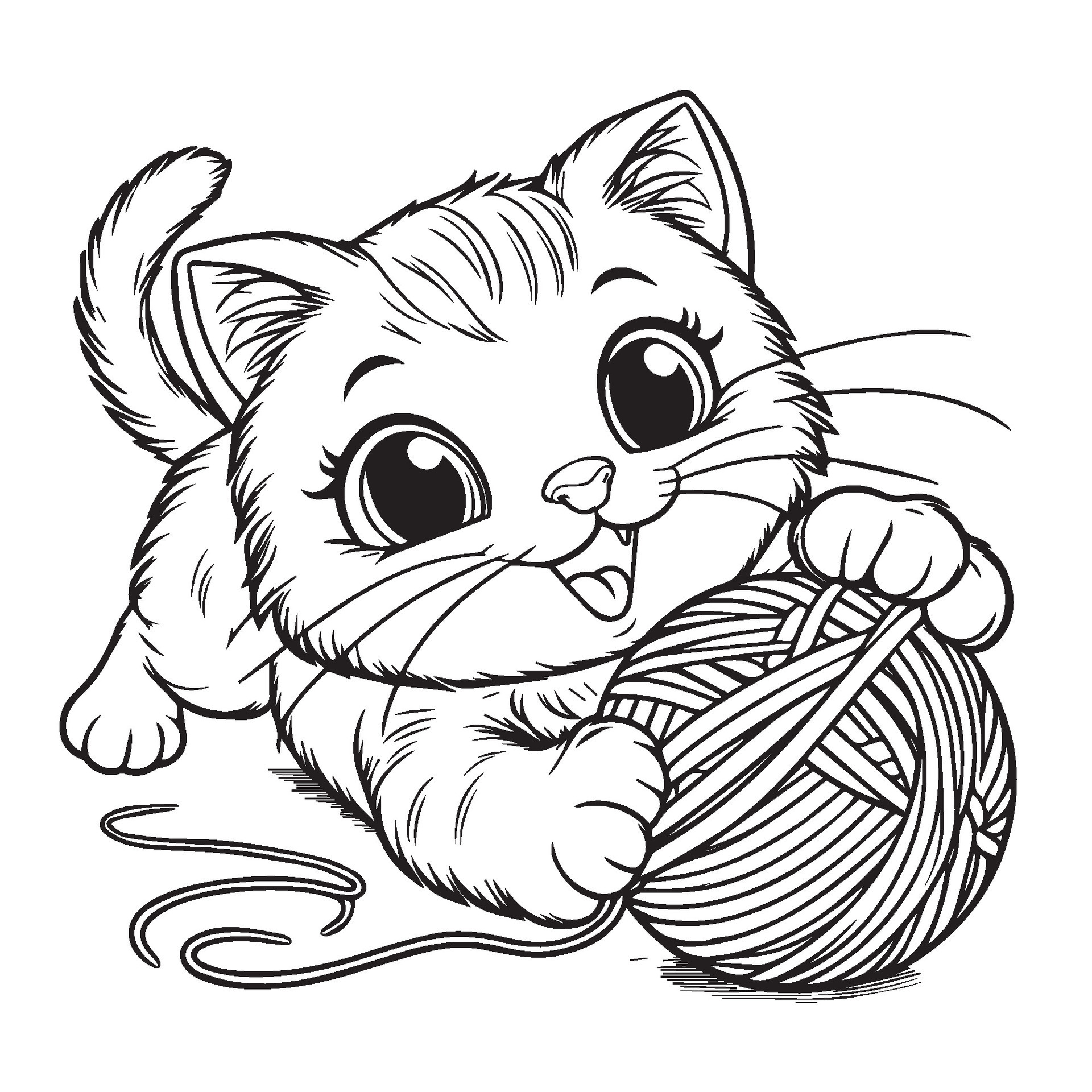 playful cat chasing a yarn ball with a mischievous expression for the coloring book page