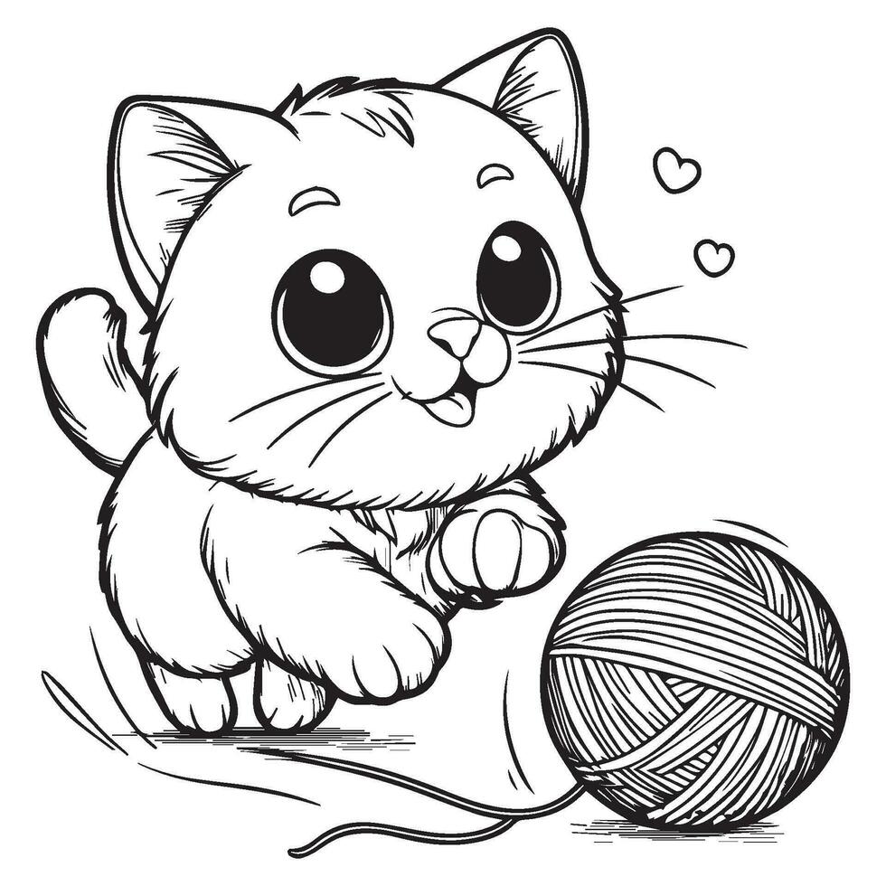 juguetón gato persiguiendo un hilo pelota con un dañoso expresión para el colorante libro página vector