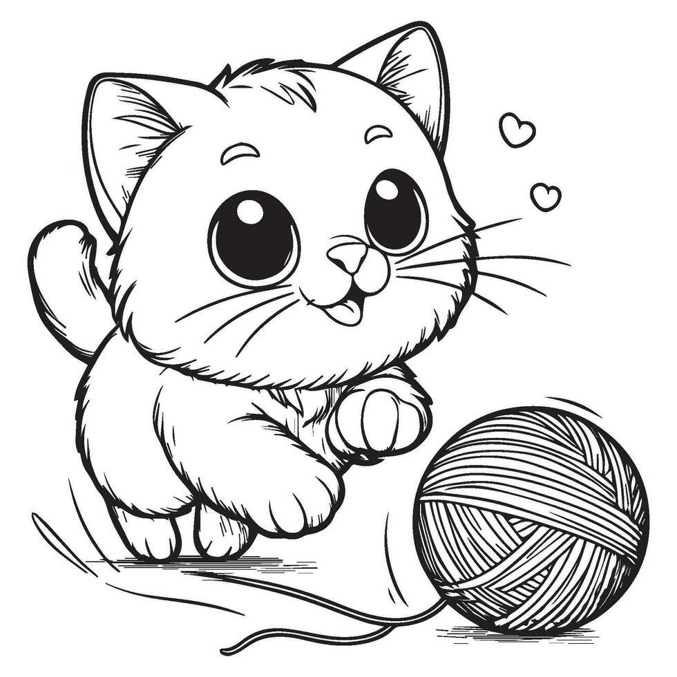 playful cat chasing a yarn ball with a mischievous expression for the coloring book page vector