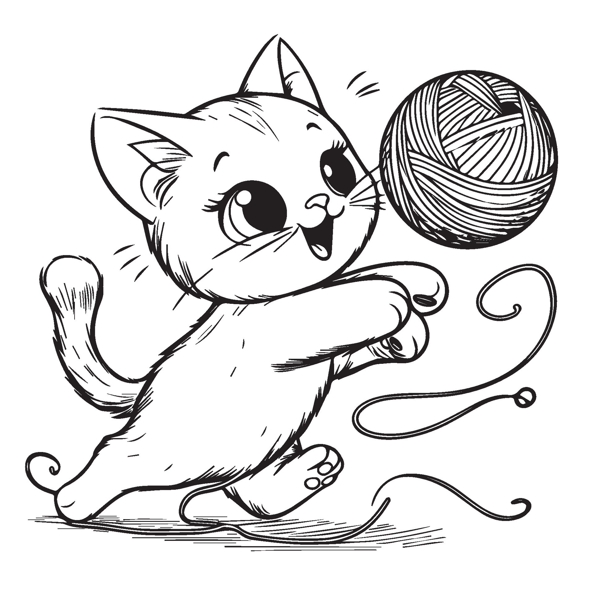 playful cat chasing a yarn ball with a mischievous expression for the coloring book page
