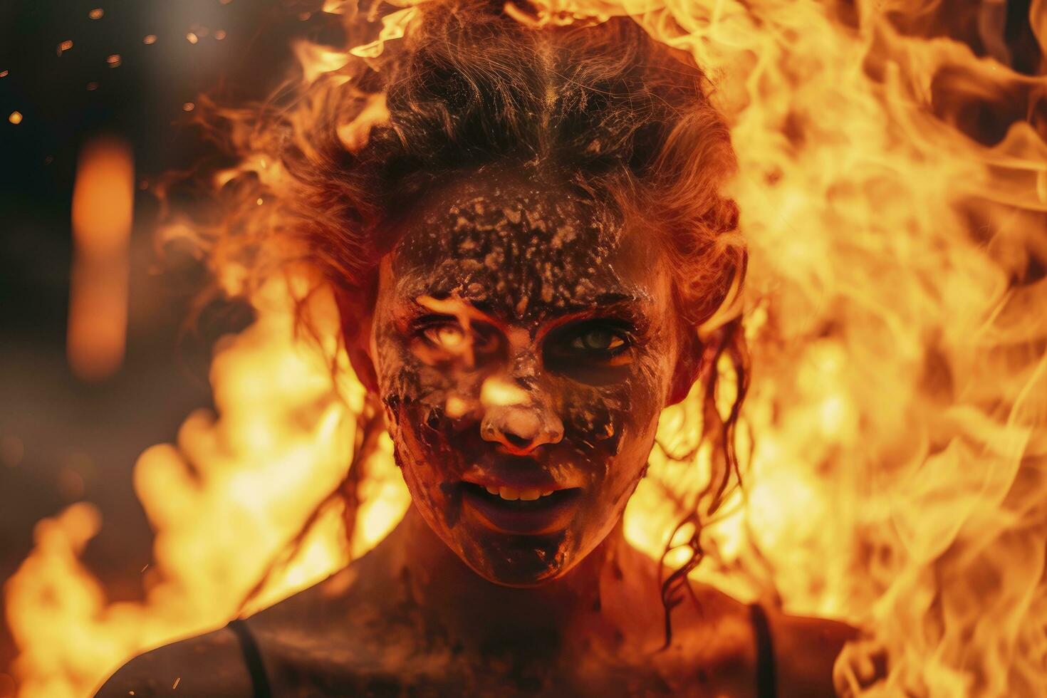 AI generated A woman with a fire on her face is shown with a face in the foreground photo