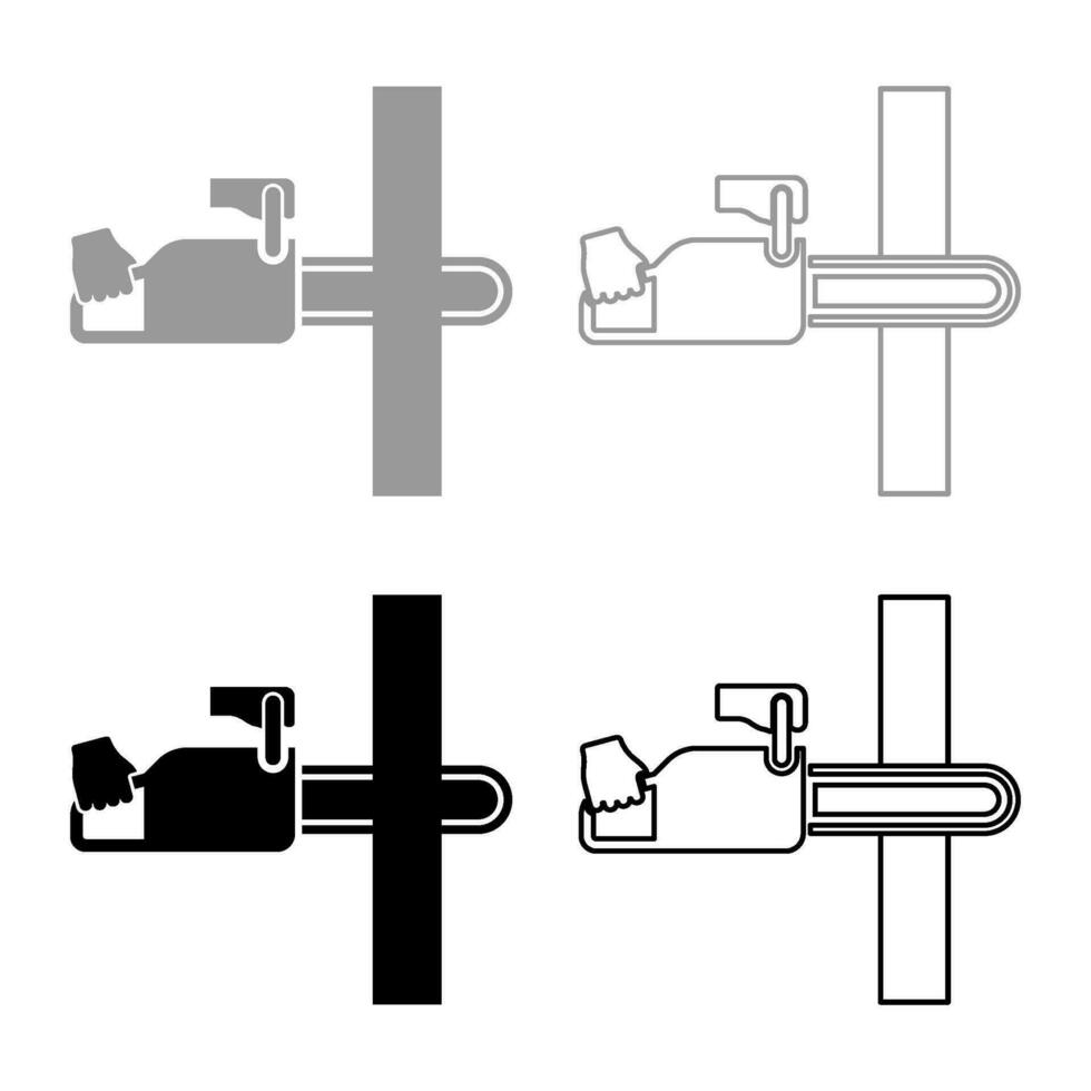 Chainsaw sawing board woodchopper concept lumberjack arborist cutting deforestation prunes sprinking set icon grey black color vector illustration image solid fill outline contour line thin flat style