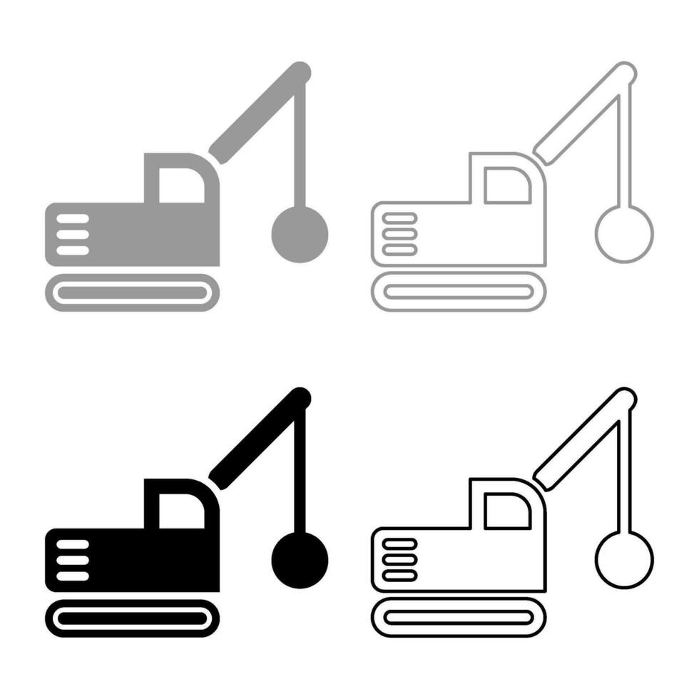 Sloopkraan building machine demolish wrecking ball crane truck set icon grey black color vector illustration image solid fill outline contour line thin flat style