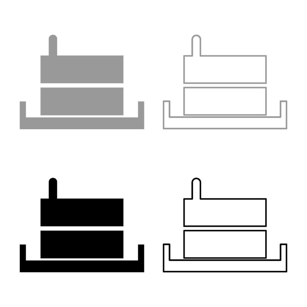 Millstone manual old stone mill flour production grinding grain with handle holder set icon grey black color vector illustration image solid fill outline contour line thin flat style