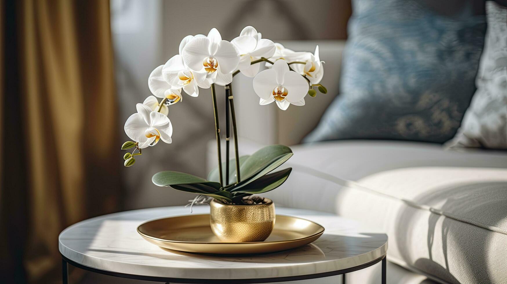 AI generated A close up of orchid flower on a table in a luxurious room photo
