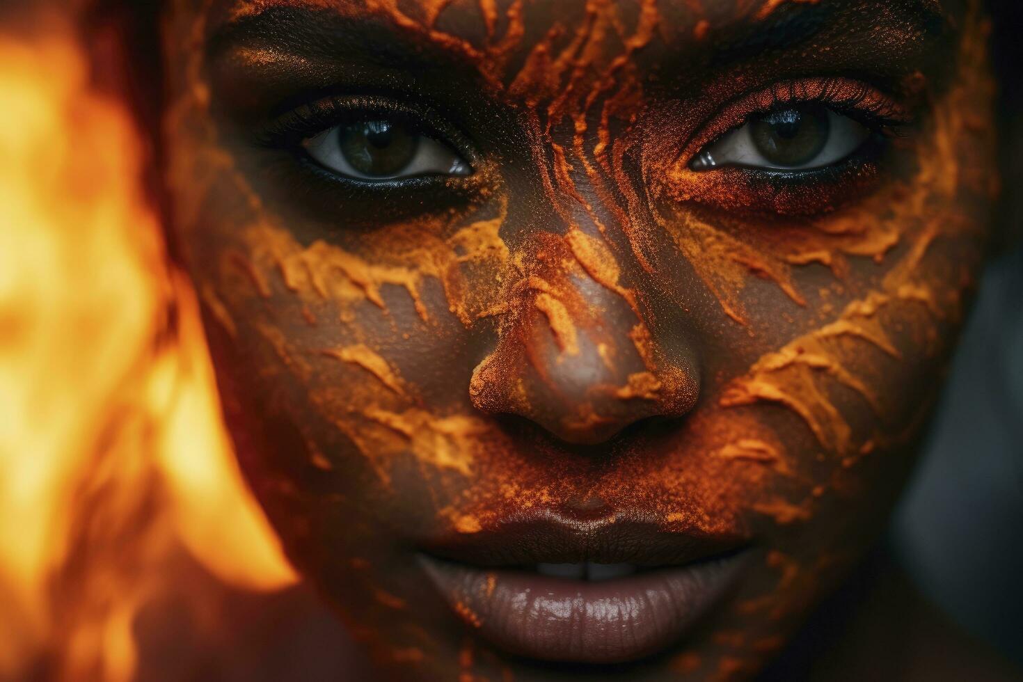 AI generated A woman with a fire on her face is shown with a face in the foreground photo