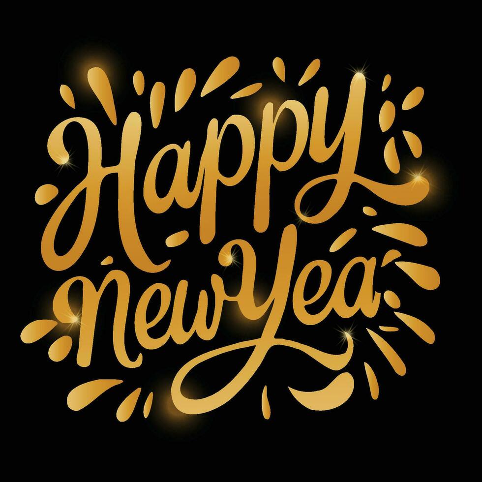 Vector golden text on black background. Happy New Year lettering for invitation and greeting card, prints and posters. Hand drawn inscription, calligraphic design