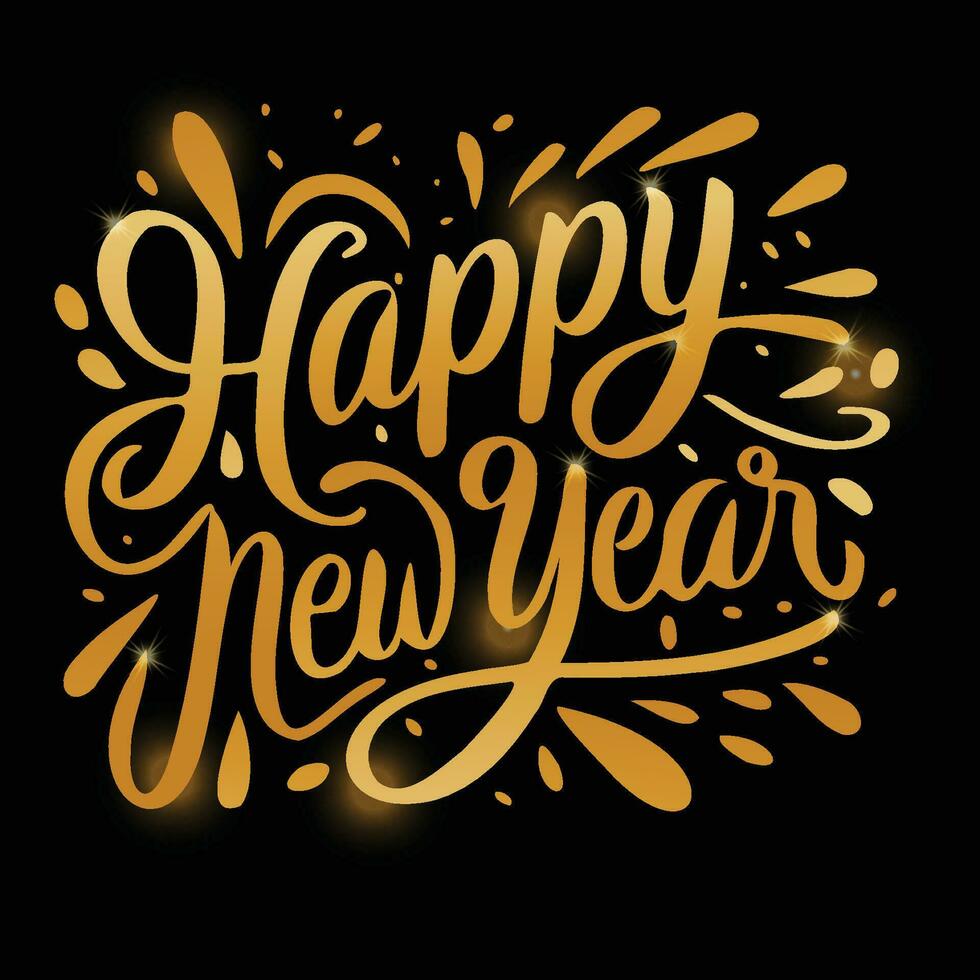 Vector golden text on black background. Happy New Year lettering for invitation and greeting card, prints and posters. Hand drawn inscription, calligraphic design