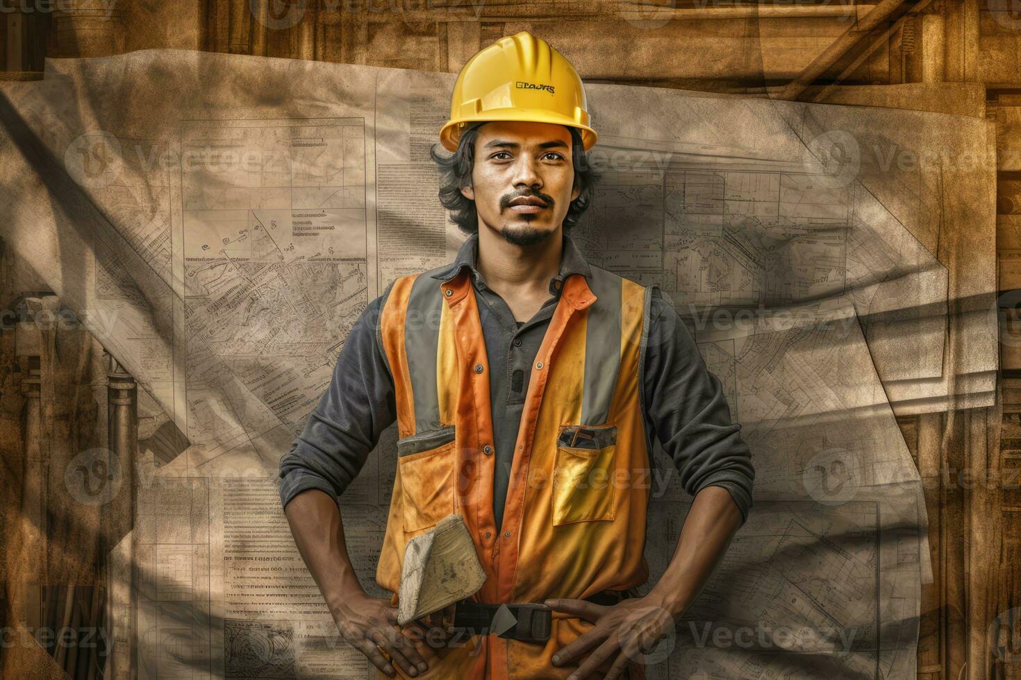 AI generated a construction worker dressed in an orange safety vest, holding a blueprint and posing confidently in front of a backdrop of a construction site. He is standing in the spotlight, showcasing the plan and his role in the project. photo