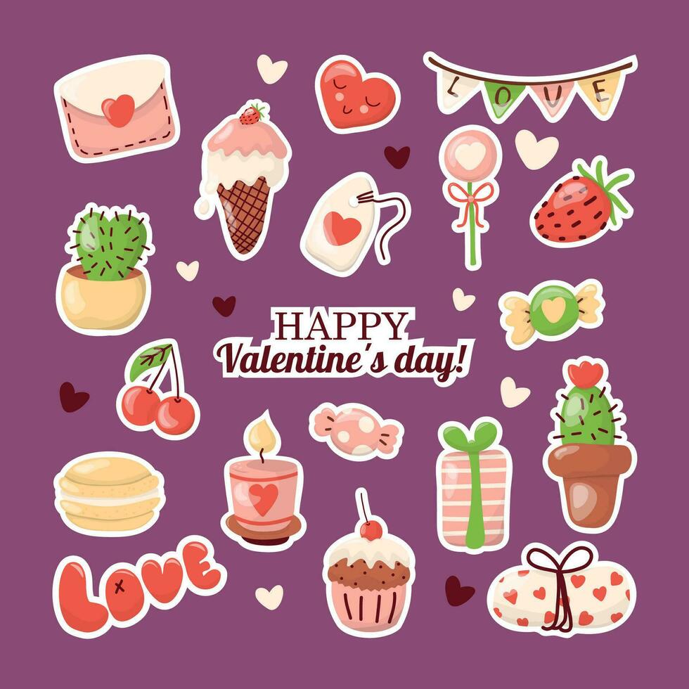 San Valentín día clipart pegatina estilo vector colocar. 18 aislado ilustraciones en un oscuro púrpura antecedentes. Perfecto para pegatinas y saludo tarjetas