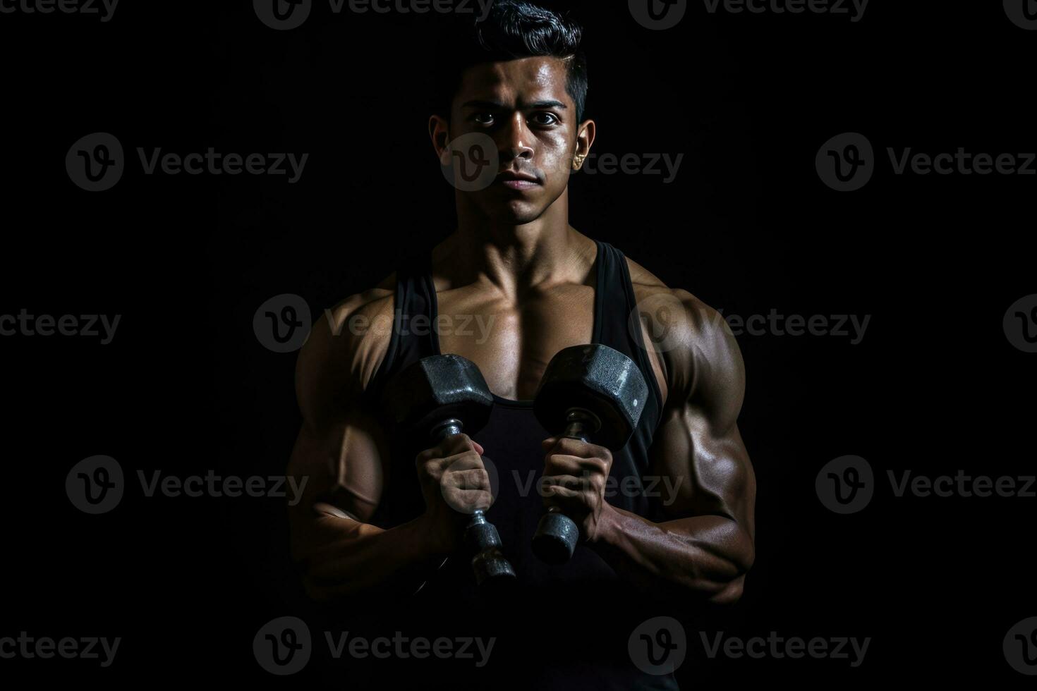 AI generated A stock photo showcasing a young man flexing his muscles while holding a pair of heavyweight dumbbells. His muscular build and determined expression emphasize his strength and dedication to his fitness routine.