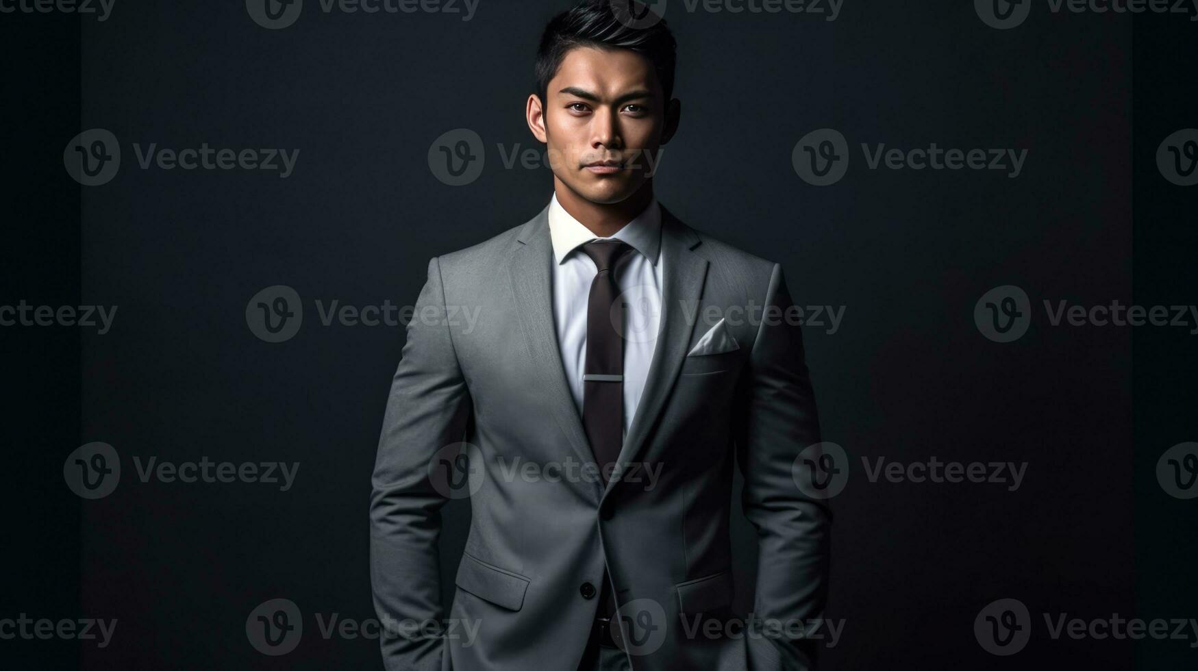 AI generated a young businessman in a suit and tie, looking professional and ready for work or a formal event. He is posing for the picture with a confident demeanor. photo