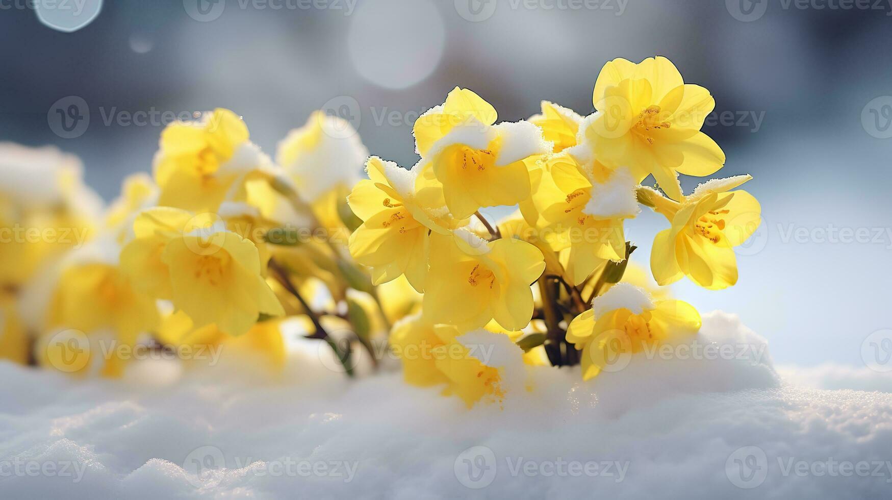 Yellow corcus flower on snow representing spring is coming, Generative AI. photo