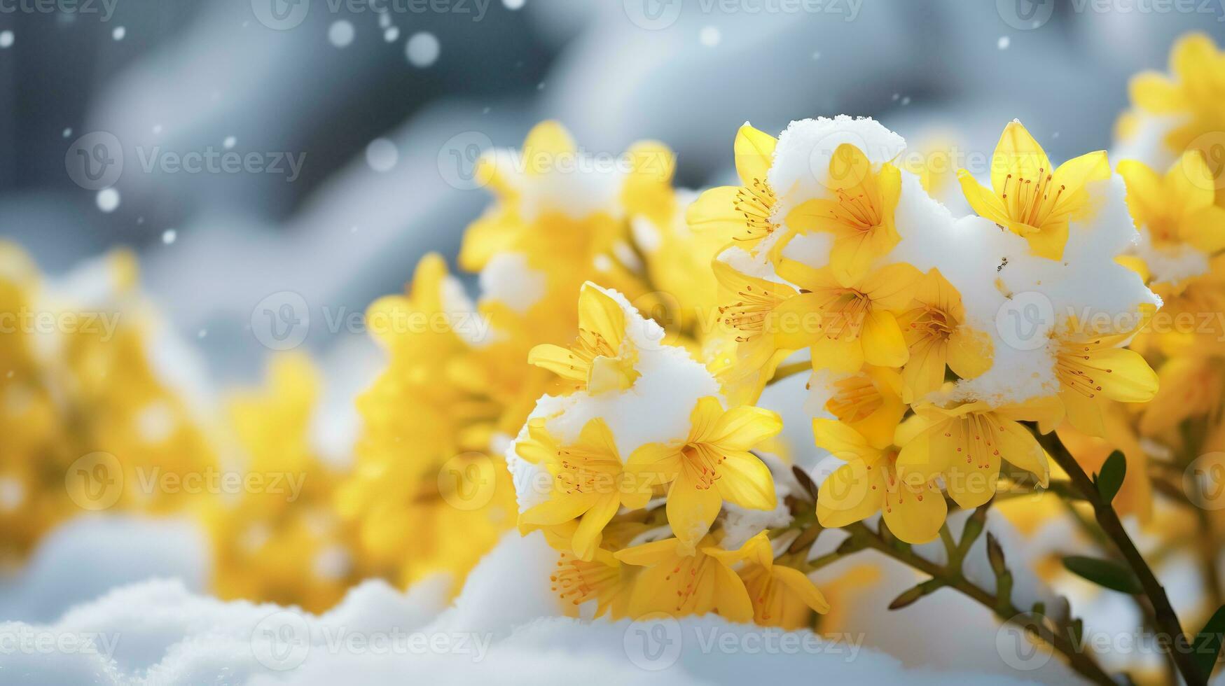 Yellow corcus flower on snow representing spring is coming, Generative AI. photo