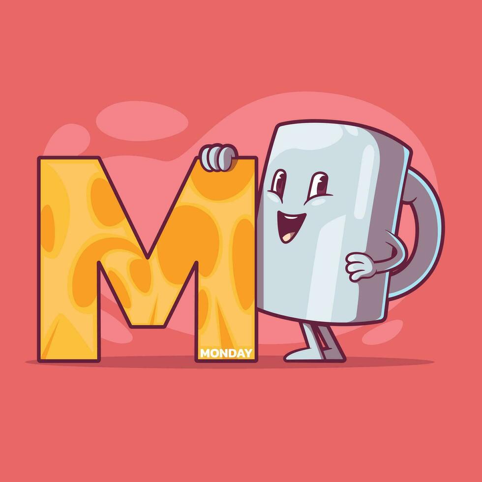 Coffee cup character holding a letter M vector illustration. Drink, motivation, inspiration design concept.