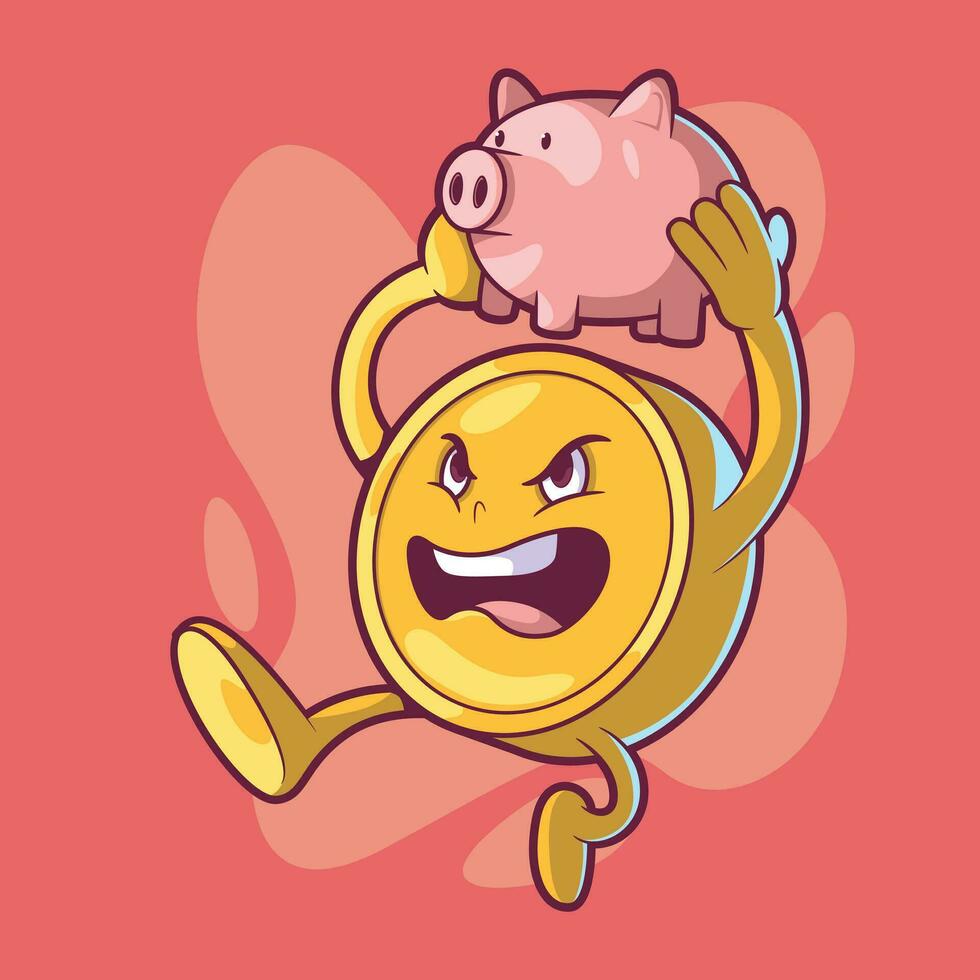 Coin holding a piggy bank in the air vector illustration. Finance, money, mascot design concept.