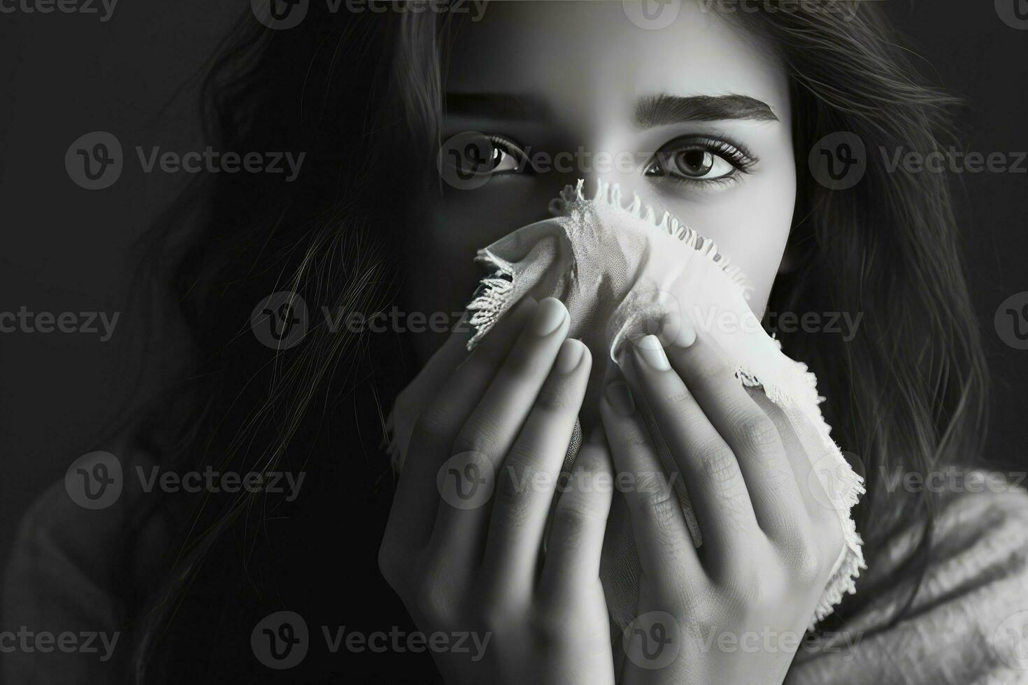 AI generated Woman with dark hair holding a tissue to her face photo